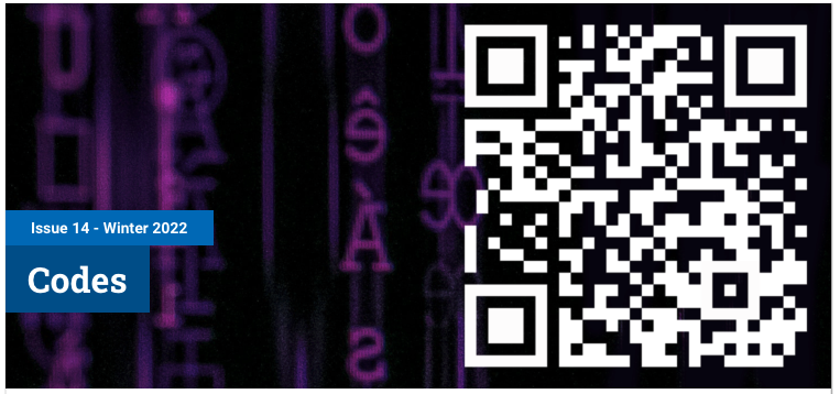 cover image of issue 14, winter 2022 on the topic of codes displaying a qr code on a black background and vertical lines of blurry purple letters